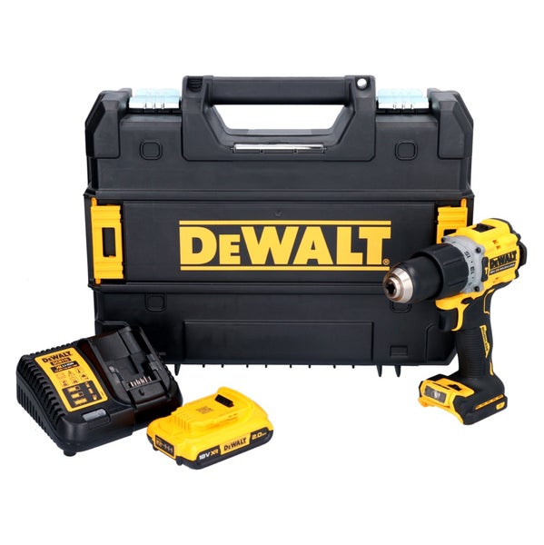 DeWalt Akku-Bohrschrauber Set mit 18 Volt Akkumulator, Ladegerät und DeWalt Logo Transportkoffer.