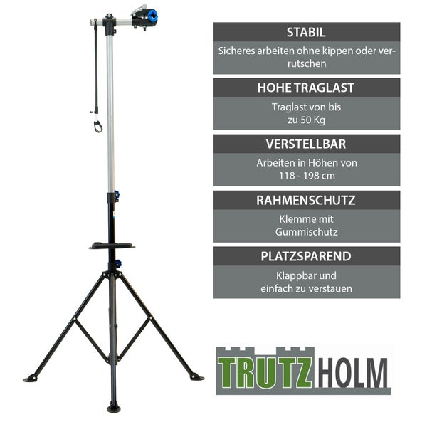 Fahrradmontageständer Trutzholm mit verstellbarer Höhe und Rahmenklemme.