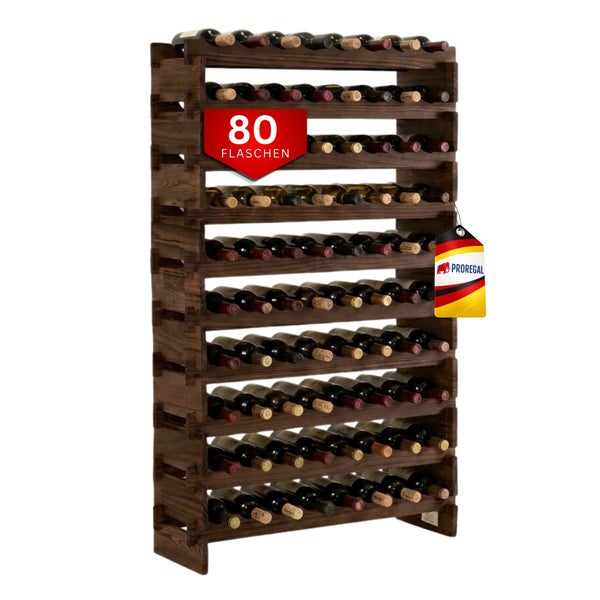 Dunkelbraunes Weinregal aus Holz für 80 Flaschen, Proregal Logo.
