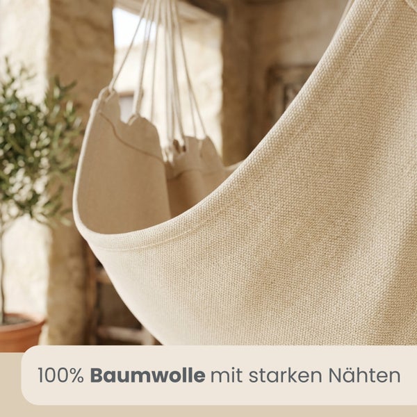 Nahaufnahme eines Hängesessels aus 100 Prozent Baumwolle mit verstärkten Nähten.