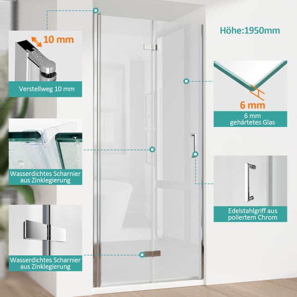 Duschabtrennung aus 6 Millimeter Sicherheitsglas, Höhe 1950 Millimeter, Edelstahlgriff und Scharnieren aus Zinklegierung.