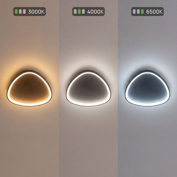 Dreieckige LED-Leuchte mit drei einstellbaren Farbtemperaturen: 3000 Kelvin, 4000 Kelvin und 6500 Kelvin.