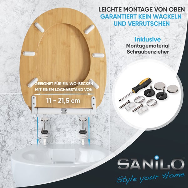 Sanilo WC Sitz aus Bambus mit Montageanleitung und Zubehör für eine einfache Installation von oben und verstellbarem Scharnierabstand.