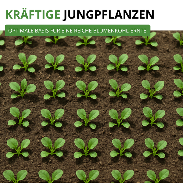 Junge Blumenkohlpflanzen in gleichmäßigen Reihen in der Erde.