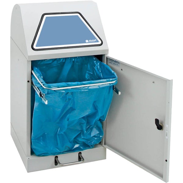 Abfallbehälter mit geöffneter Tür und eingesetztem Abfallsack