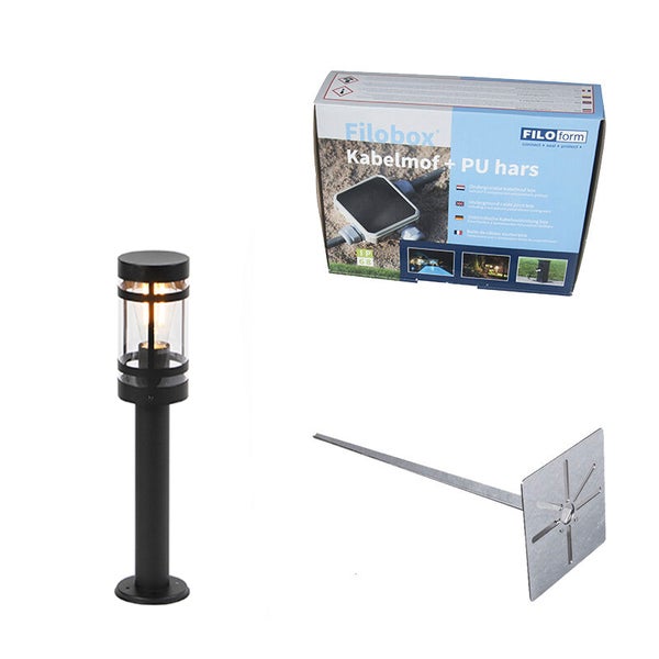 Schwarze Wegeleuchte für den Außenbereich mit Erdspieß und Filobox Kabelmuffen-Set inklusive Gießharz.