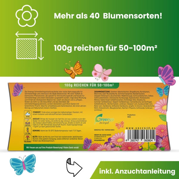 Greenyp Schmetterlingstreff Blumenmischung I 100g für 100m² I Schmetterlingswiese Schmetterlinge & Bienen I I Blumensamen Mischung ein- & mehrjährig