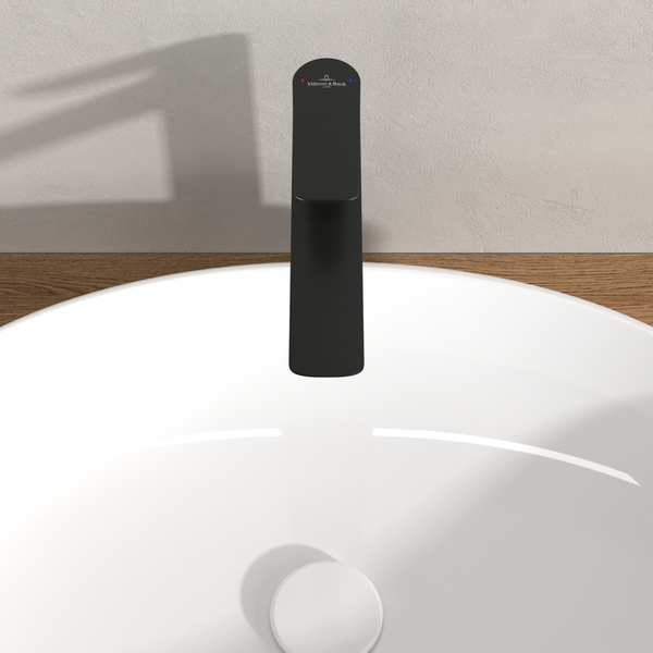 Villeroy & Boch Oasis Waschtischarmatur erhöht, ohne Zugstange, Wasserhahn Bad mit Keramikkartusche, Waschbeckenarmatur wassersparend, Auslauf Höhe 245mm, rund, Matt Black
