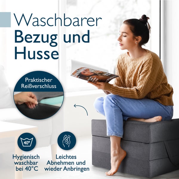 Faltmatratze mit waschbarem Bezug, Reißverschluss und 40 Grad Waschbarkeit für hohe Hygiene und einfache Handhabung.