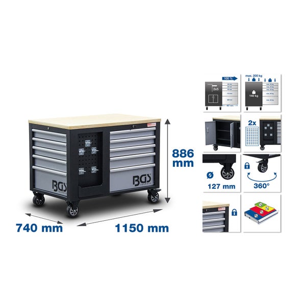 BGS technic Werkstattwagen mit Holzplatte, 10 Schubladen und Lochwand. Maße: 1150 Millimeter breit, 740 Millimeter tief, 886 Millimeter hoch.