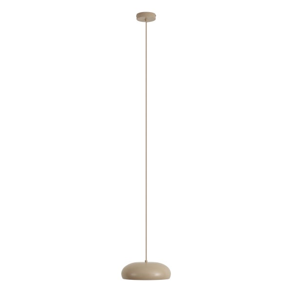 Moderne einflammige Pendelleuchte mit flachem, rundem Leuchtenschirm und schmalem Kabel.