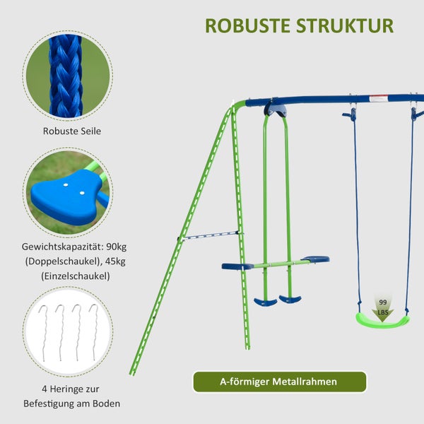 Outsunny Schaukelgestell Outdoor Schaukelgerüst mit 2 Schaukeln, Wippe, Kinderschaukel mit Metallgestell, verstellbarem Seil Gartenschaukel für Kinder, Grün