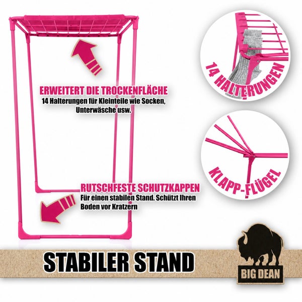 Wäscheständer mit 14 Halterungen für Kleinteile, klappbaren Flügeln und rutschfesten Schutzkappen für einen stabilen Stand, Big Dean Logo.