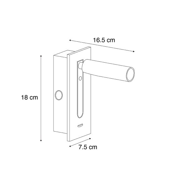 Technische Zeichnung einer Wandarmatur mit den Maßen 18 Zentimeter Höhe, 7,5 Zentimeter Breite und 16,5 Zentimeter Tiefe.