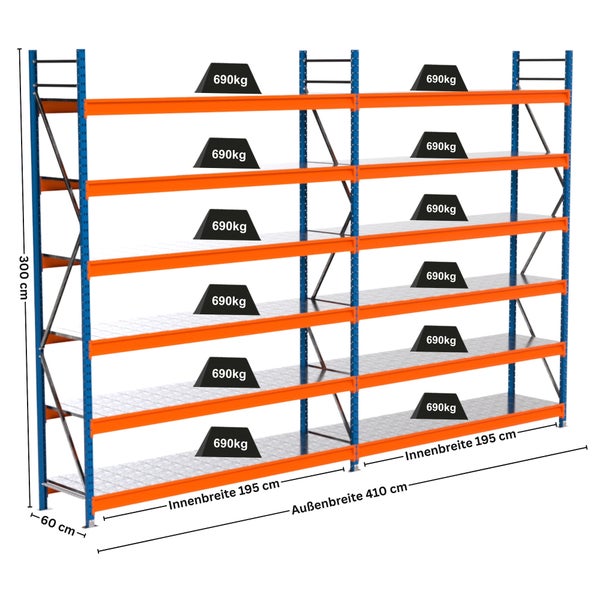 Regalsystem mit sechs Ebenen und einer Traglast von 690 Kilogramm pro Ebene