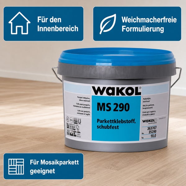 Wakol MS 290 Parkettklebstoff schubfest 18 Kilogramm Eimer für den Innenbereich geeignet weichmacherfreie Formulierung für Mosaikparkett geeignet
