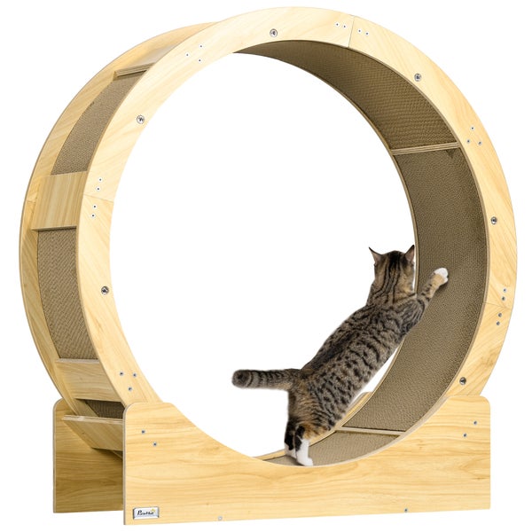 Laufrad für Katzen aus Holz mit Kratzfläche und einer Katze.