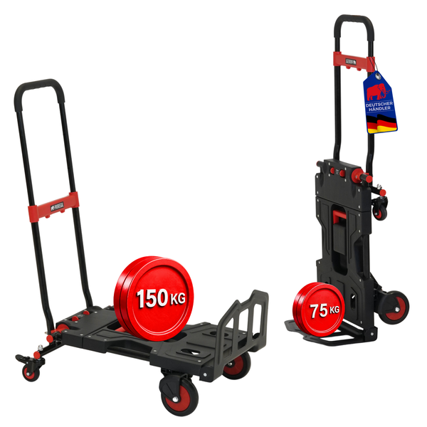 Klappbare Multifunktionskarre, nutzbar als Sackkarre bis 75 Kilogramm und als Plattformwagen bis 150 Kilogramm.