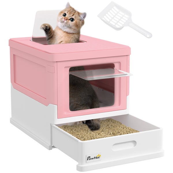 PawHut Katzentoilette Katzenklo mit Deckel Katzenhaus mit Bodenschale und Schaufel Desodorierungsbox Kunststoff Weiß+Rosa 47,5 x 35,5 x 36,7 cm
