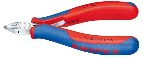 Knipex Elektronik-Seitenschneider mit spitzem Kopf und blau-roten Mehrkomponenten-Griffen, Modell 77 72 115.