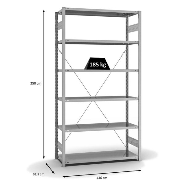 PROREGAL Fachbodenregal Stecksystem T-Profil Light-Duty Grundregal HxBxT 250 x 130 x 50 cm 6 Ebenen Fachlast 185 kg Einseitig Nutzbar Verzinkt