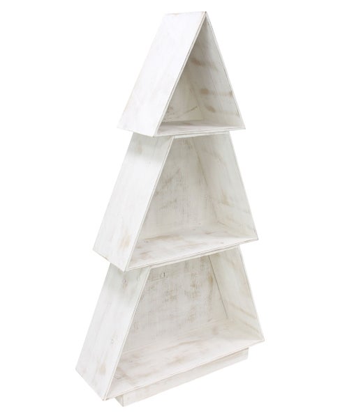 Weihnachtsbaum Regal aus Holz in Tannenform mit drei Ablageebenen