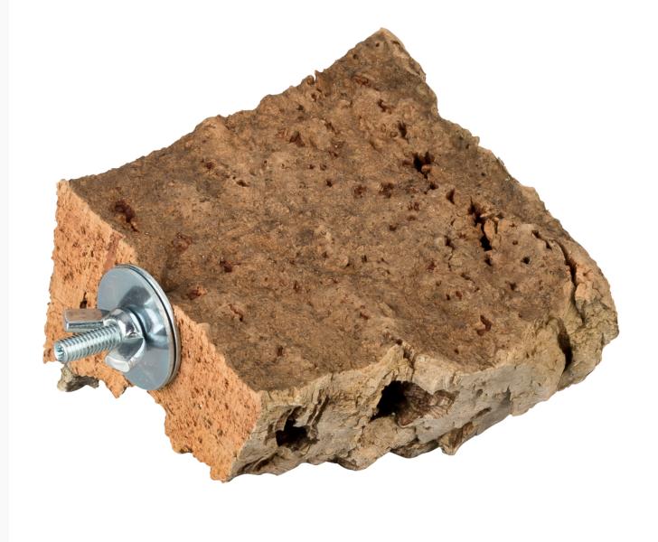 Sitzbrett aus Naturkork mit Befestigungsschraube, Unterlegscheibe und Flügelmutter für Käfiggitter.