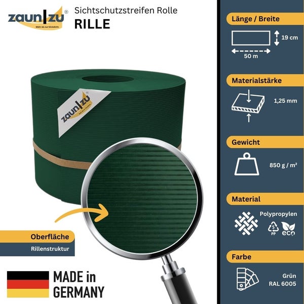 Zaun Sichtschutzstreifen Rolle Rille, 50 Meter lang und 19 Zentimeter breit, Materialstärke 1,25 Millimeter, Gewicht 850 Gramm pro Quadratmeter, Material Polypropylen, Farbe Grün RAL 6005, Hergestellt in Deutschland, Zaun zu Logo