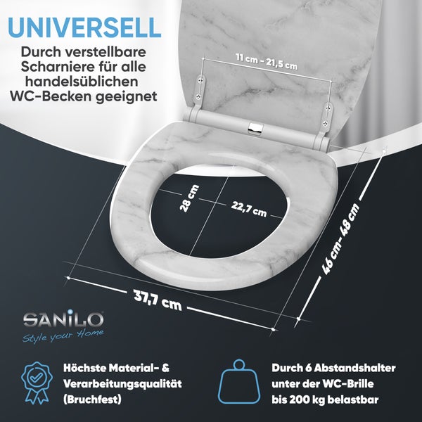 WC-Sitz mit Marmor-Optik, Maße 37,7 mal 46 bis 48 Zentimeter, Scharniere 11 bis 21,5 Zentimeter, bruchfest, belastbar bis 200 Kilogramm. Sanilo Logo.