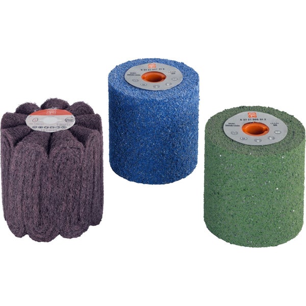 Drei Schleifmopräder in verschiedenen Farben und Körnungen