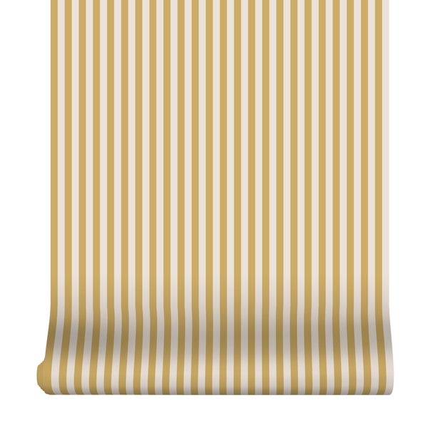 Vliestapete mit vertikalem Streifenmuster in Gold und Weiß.