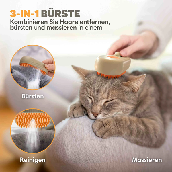 Drei in eins Dampf-Bürste für Haustiere zum Bürsten, Reinigen und Massieren von Fell.