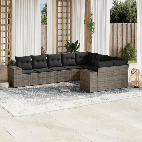 9-tlg. Garten-Sofagarnitur mit Kissen Grau Poly Rattan