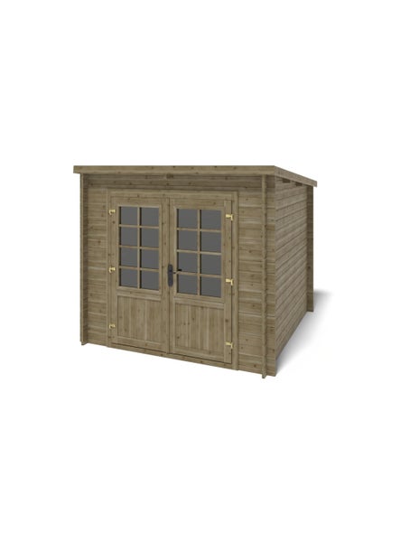 Gartenhaus aus Holz mit Pultdach und einer Doppeltür mit Lichtausschnitten.