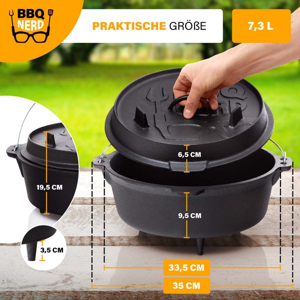 BBQ-Nerd Dutch Oven Professional 7,3L mit Füßen | bereits eingebrannt - preseasoned | Gusseisen Feuertopf mit Deckel und integr. Bratpfanne | Feuerfester Grill & Camping Kochtopf inkl. Deckelheber