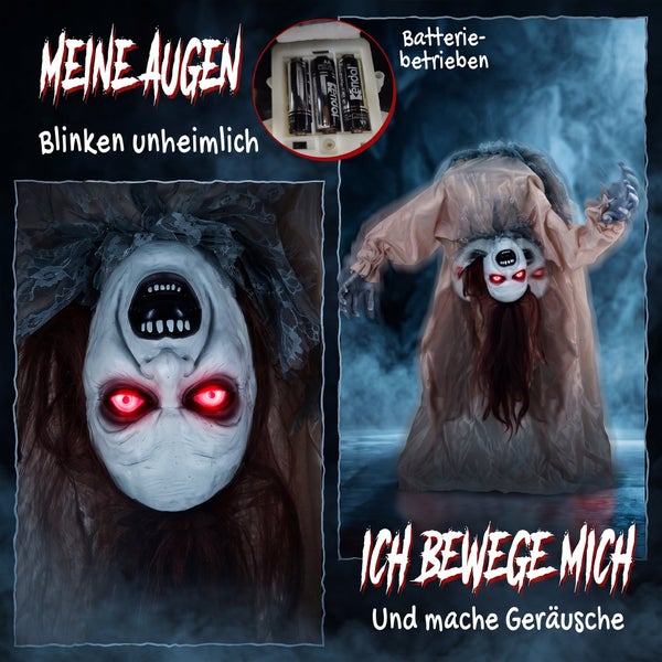 Animierte Halloween Gruselfigur mit leuchtenden Augen, Bewegungsfunktion und Soundeffekten, batteriebetrieben