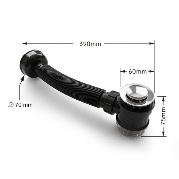 Flexibler schwarzer Siphon mit 390 Millimeter Länge, 70 Millimeter Wandanschluss, 60 Millimeter Durchmesser und 75 Millimeter Höhe.