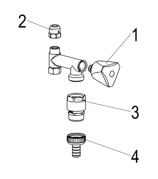 Explosionszeichnung eines Eckventils mit Griff, Kappe, Anschlussstück und Schlauchtülle, nummeriert von 1 bis 4.