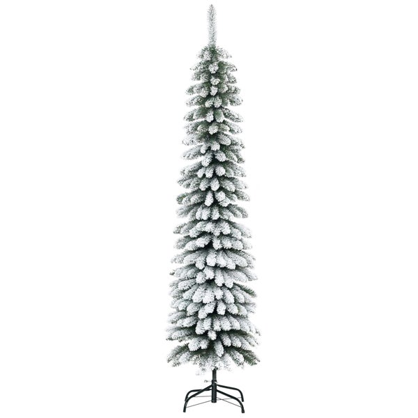 Schmaler künstlicher Weihnachtsbaum mit verschneiten Zweigen und schwarzem Metallständer.