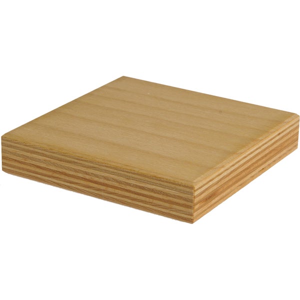 Quadratische Multiplexplatte aus Holz mit sichtbarer Schichtstruktur an den Kanten.