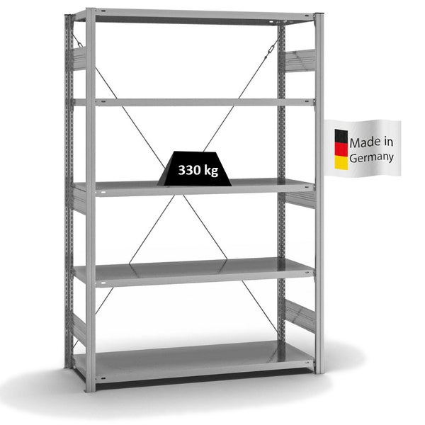 PROREGAL Fachbodenregal Stecksystem T-Profil Heavy-Duty Grundregal HxBxT 200 x 130 x 50 cm 5 Ebenen Fachlast 330 kg Einseitig Nutzbar Verzinkt