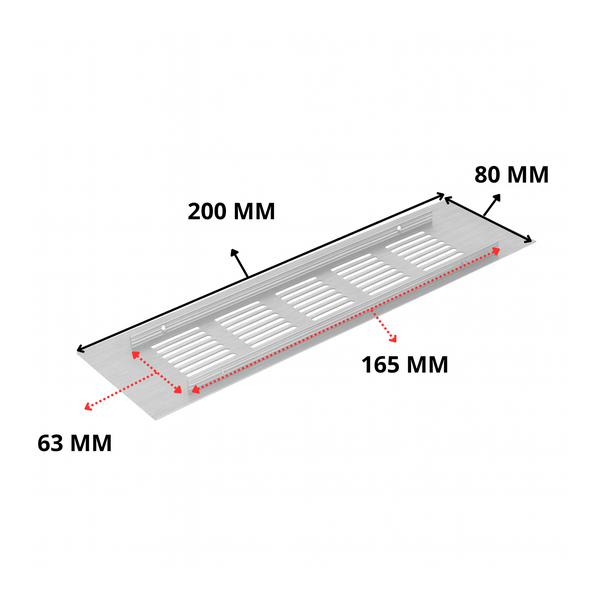 Illustration eines Lüftungsgitters mit den Maßen 200 Millimeter Länge, 80 Millimeter Breite, 165 Millimeter Lamellenlänge und 63 Millimeter Einbautiefe