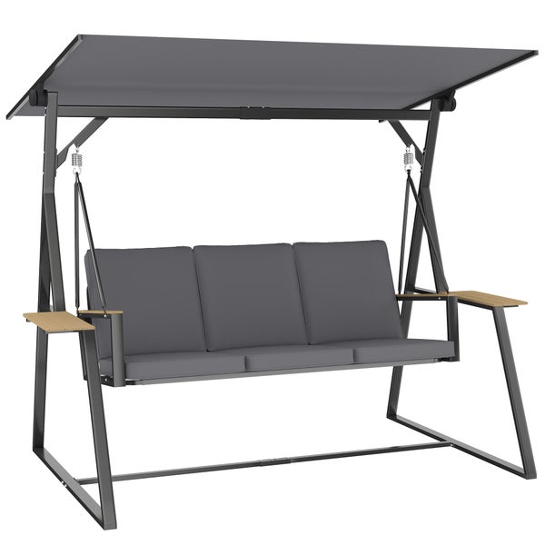 3-Sitzer Hollywoodschaukel mit grauem Dach und Polstern, Metallgestell und seitlichen Holz-Ablagen.