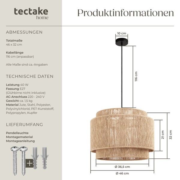 Produktinformationen zur tectake home Pendelleuchte aus Jute mit Maßen: Durchmesser 46 Zentimeter, Höhe 32 Zentimeter und technische Daten wie E27 Fassung.