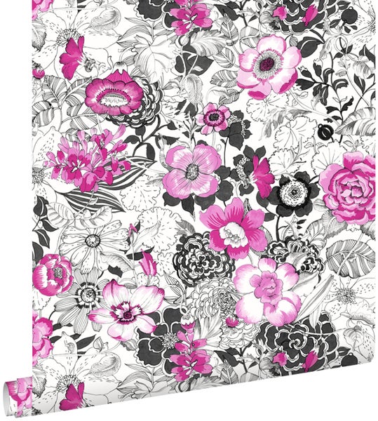 ESTAhome Tapete Blumen Rosa und Schwarz - 53 cm x 10,05 m - 138504