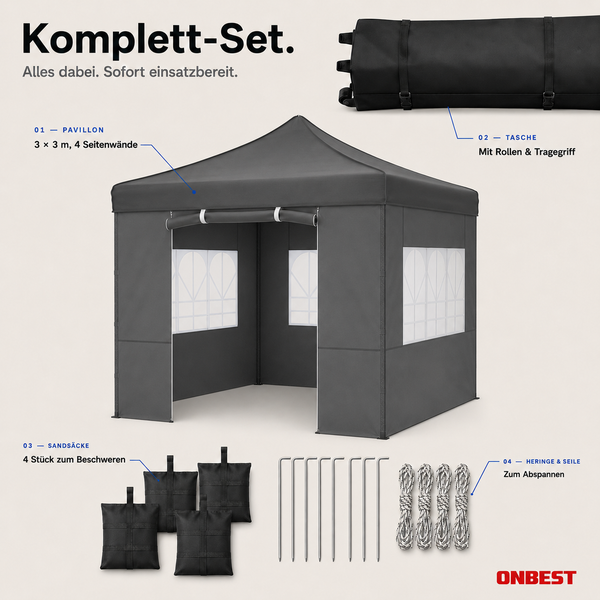 Pavillon-Komplettset 3 mal 3 Meter inklusive Seitenwände, Transporttasche mit Rollen, Sandsäcke, Heringe und Seile. ONBEST Logo.