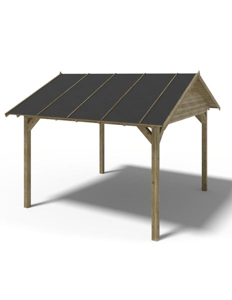 Freistehender Holz Carport mit Satteldach und dunkler Dacheindeckung zur Unterstellung von Fahrzeugen.