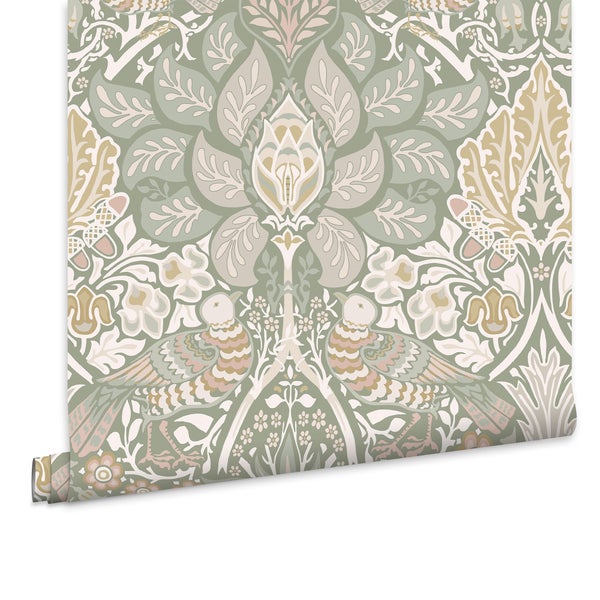 Tapete mit traditionellem Vogel und Blumenmuster in floralem Design auf einer Tapetenrolle.