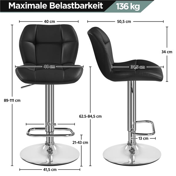 Abmessungen eines Barstuhls mit maximaler Belastbarkeit von 136 kg