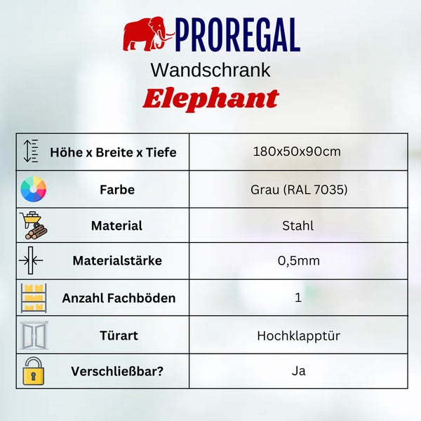 PROREGAL Logo. Wandschrank Elephant: 180 mal 50 mal 90 Zentimeter, Stahl, 0,5 Millimeter, ein Fachboden, Hochklapptür, verschließbar.